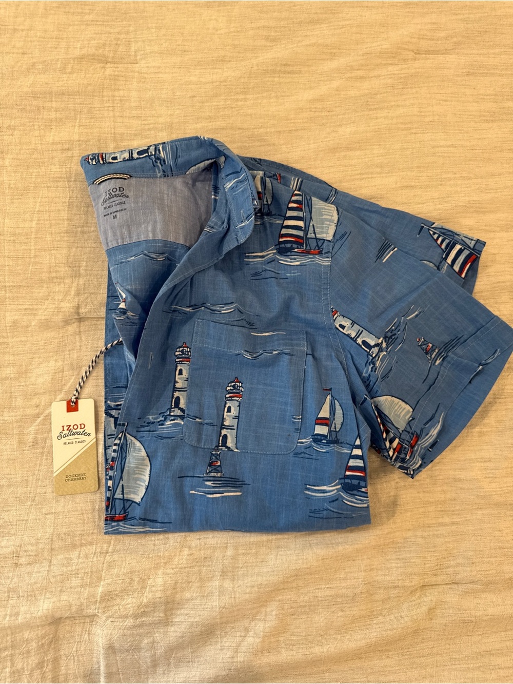 Izod Blue Sailboat & Lighthouse Short-Sleeve Shirt